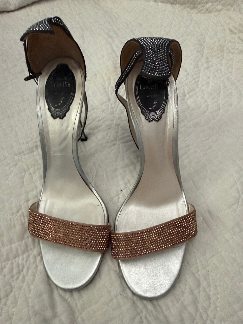 Rene Caovilla Silver Sandals with Rose Gold Crystal Front Strap
